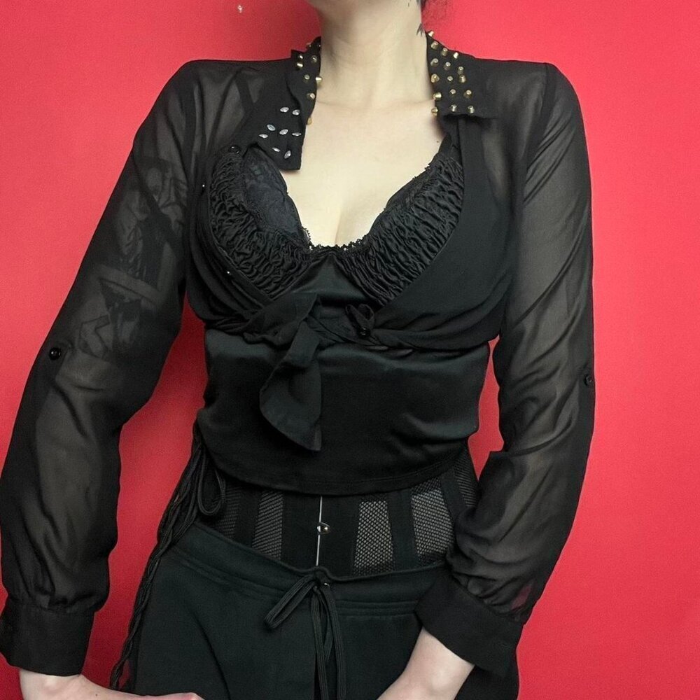 Stella tweed / Sheer black button up blouse with studded accents  🖤💛​​​​​